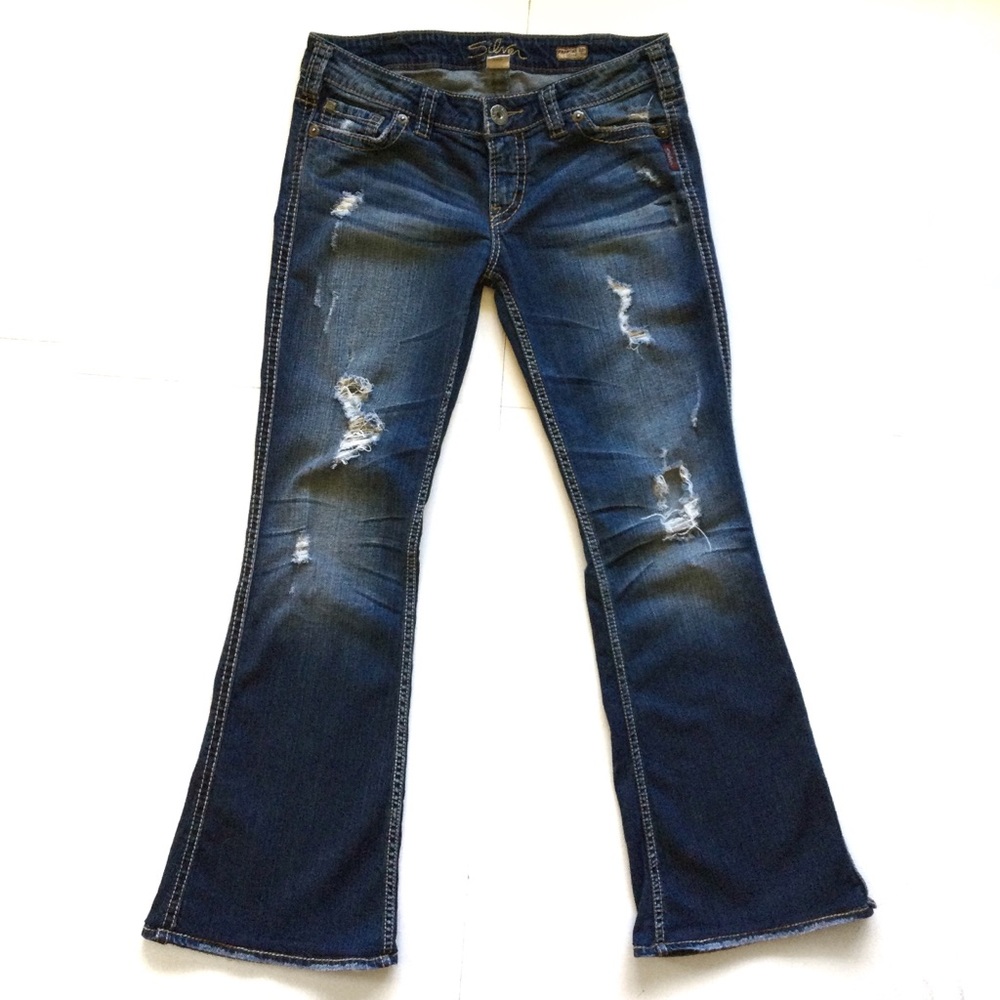 Silver Frances Distressed Flare Jean Sz 31